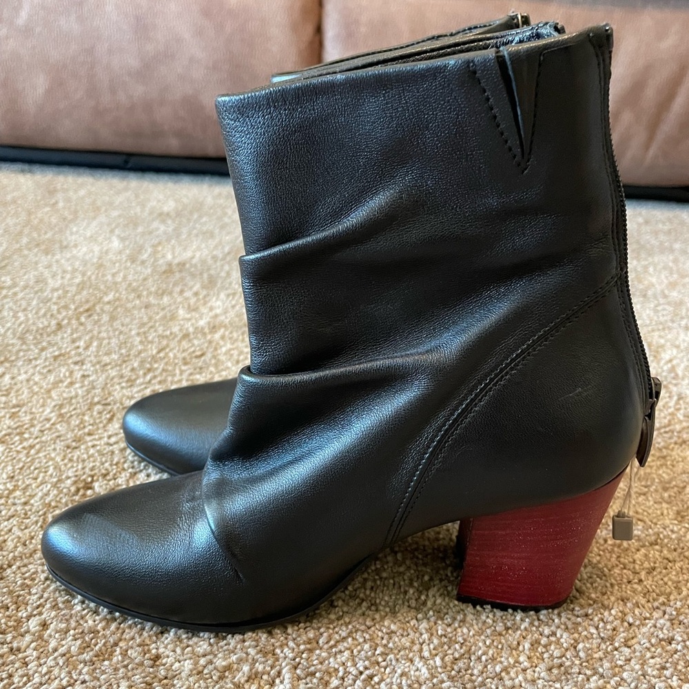 Women's Black Leather Ankle Boots with Red Block Heel